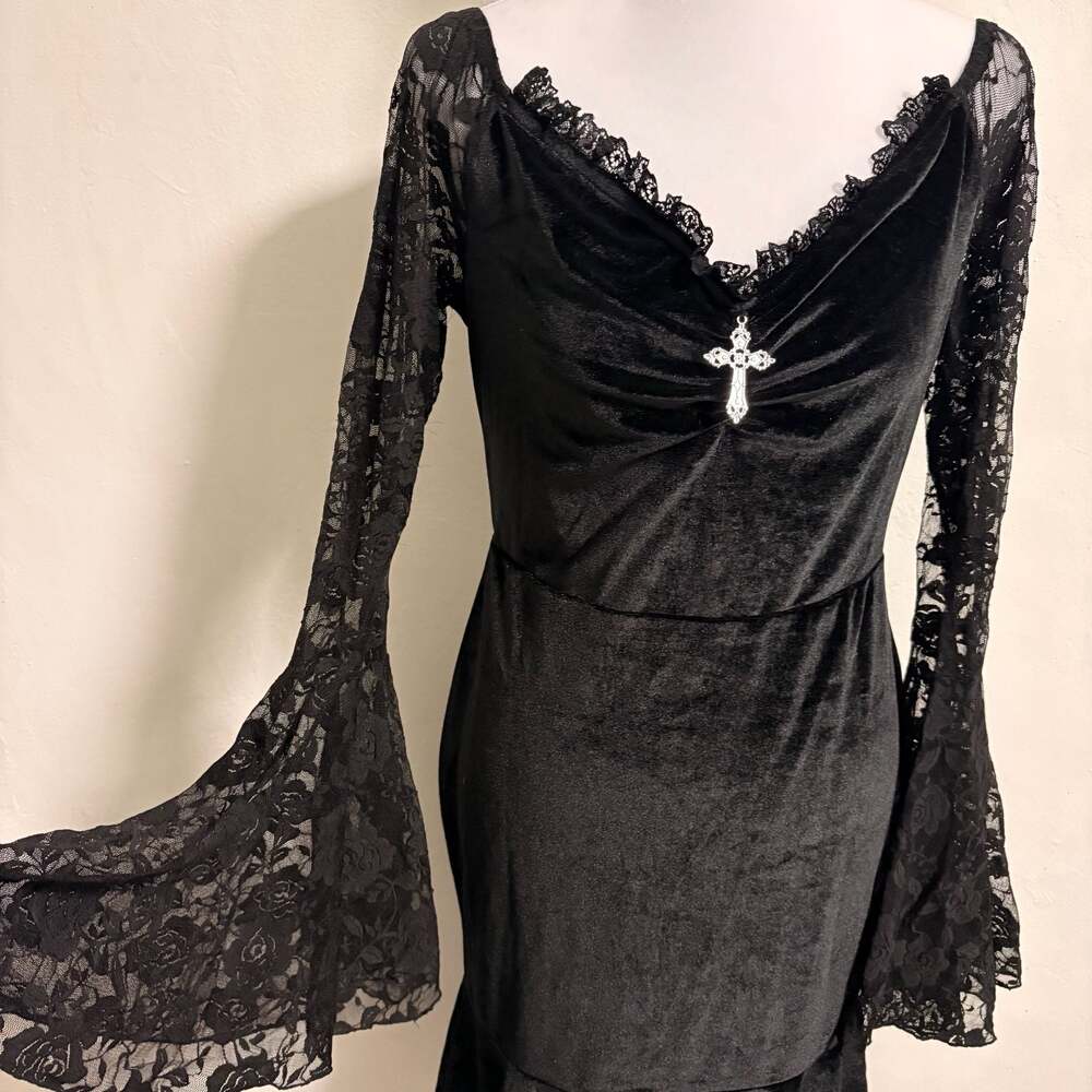 Black Velvet Gothic Dress Lace Bell Sleeve Cross Hi Low Midi Goth Witchy Vamp XL